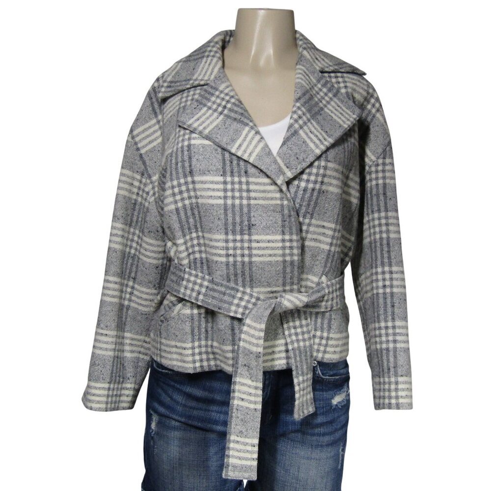VTG 90s Limited Plaid Academia Preppy Wrap Wool Blend Cropped Jacket Gray S